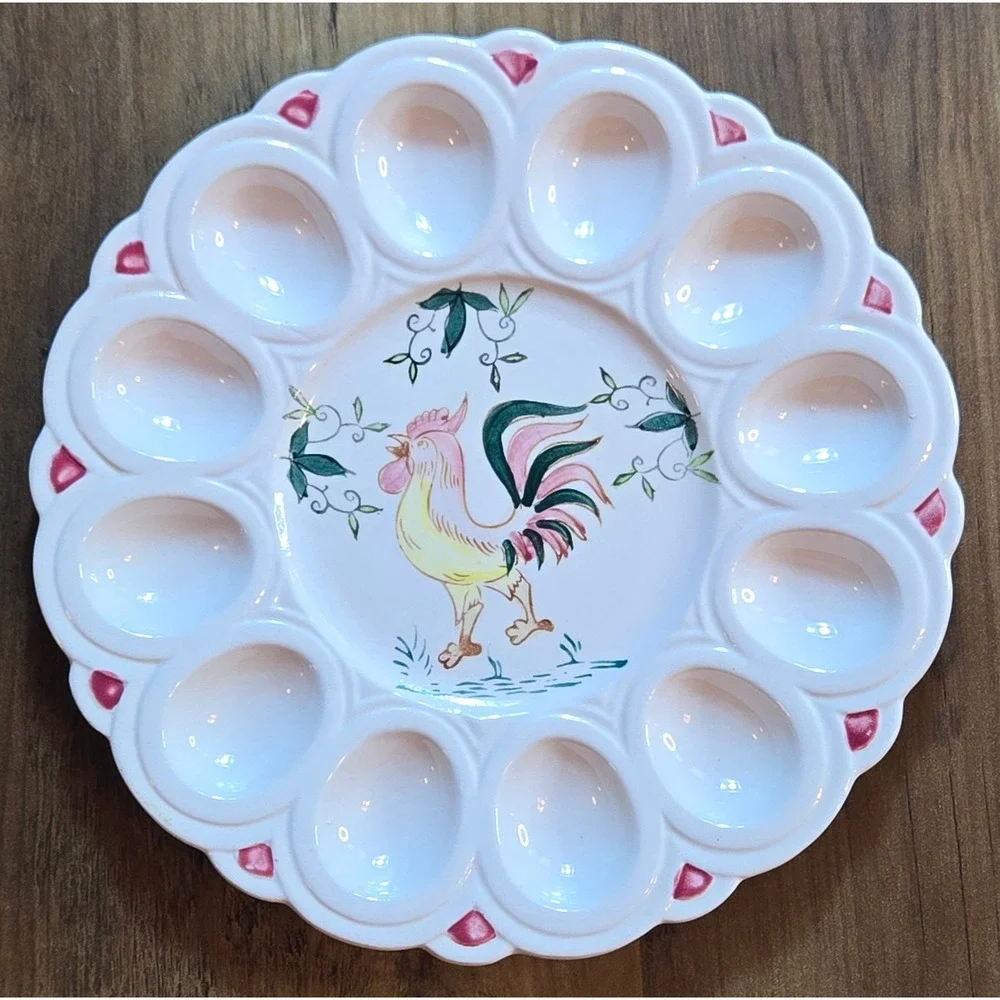Vintage Style‎ Ceramic Rooster Deviled Egg Platter Scalloped Serving Tray 9.5